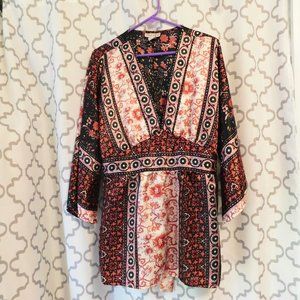 Pink Mode Red & Black Japanese Style Printed Top, Ties In The Back - 2X